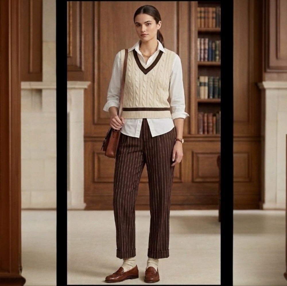 Lauren Ralph Lauren brown pin stripe cuffed trousers Size 14P Academia Preppy